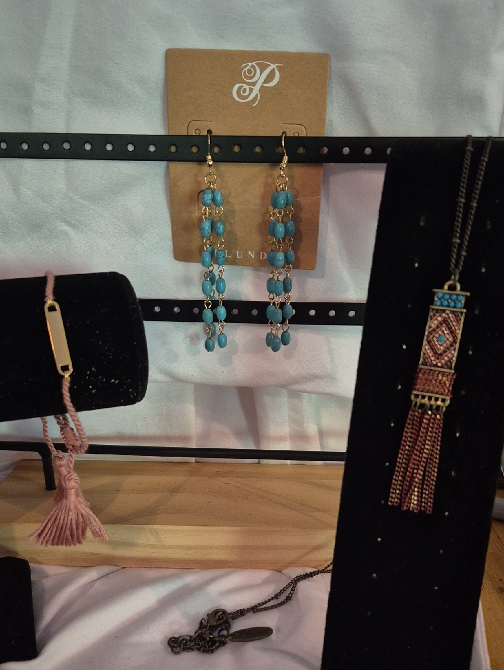 Turquoise Beaded Drop Earrings, Pink Bracelet, Turquoise/pink Necklace